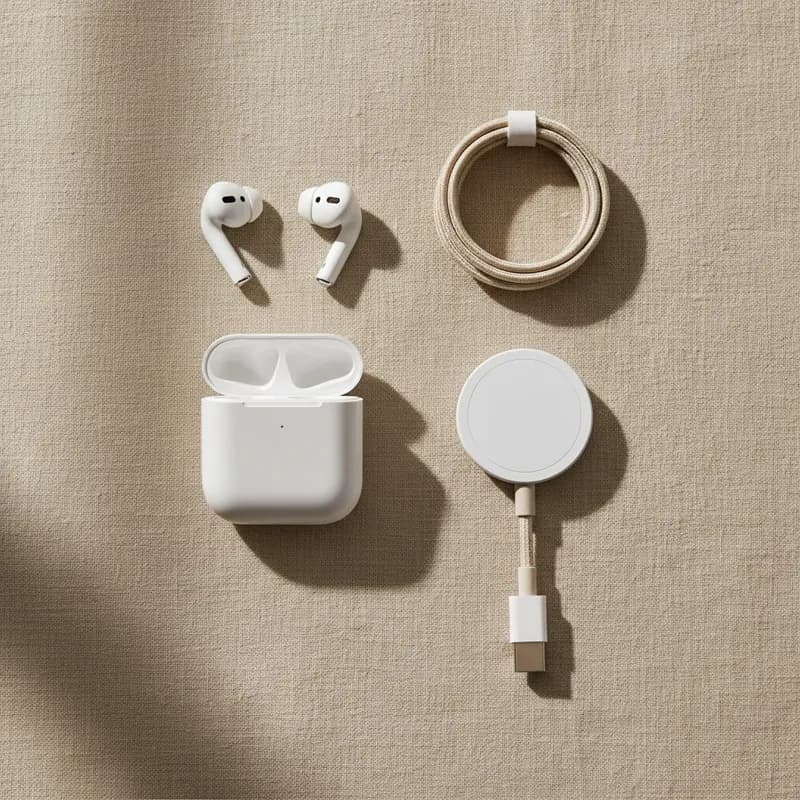 Fones, carregador MagSafe e cabo sobre linho