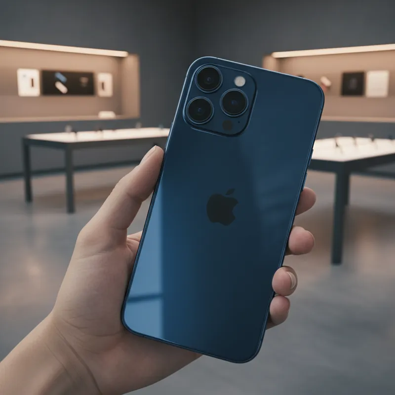 iPhone em titânio azul na mão, dentro da loja